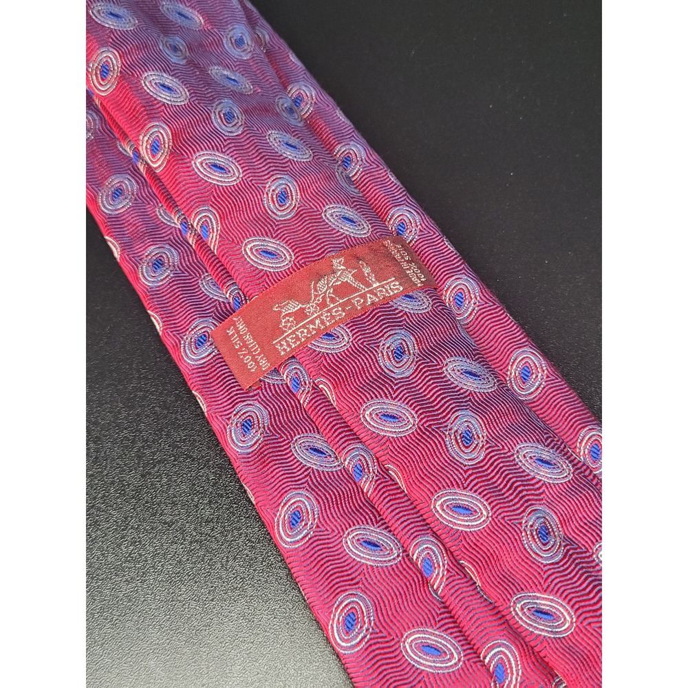 Hermes Mens Silk Necktie Red Blue Oval Geometric Made in France